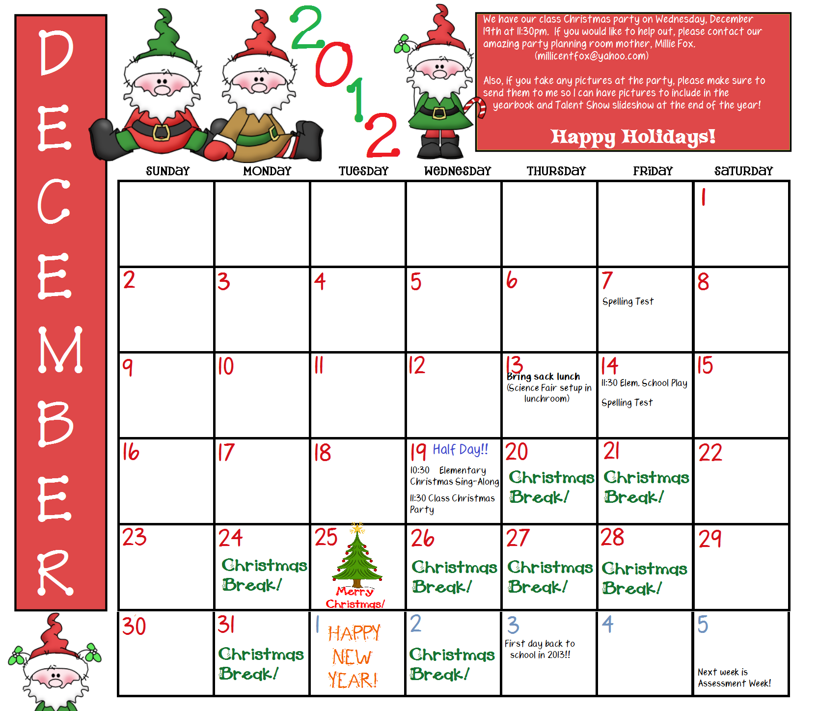 Monthly Class Calendar